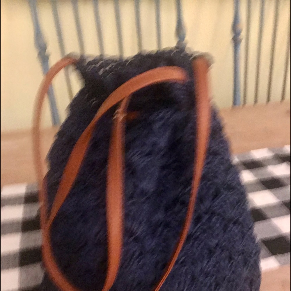 Navy straw boho drawstring bag